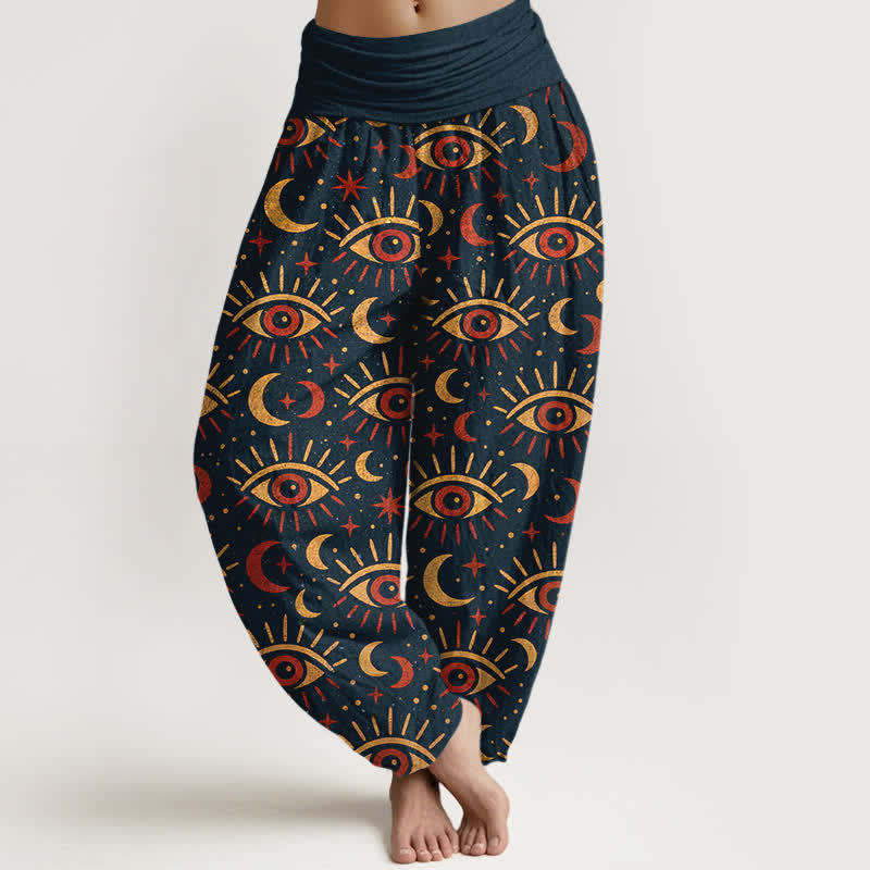 Buddha Stones Pantaloni harem da donna in cotone con motivo occhio mistico e luna, con elastico in vita. - Blu notte - US16, UK/AU20, EU48 (3XL) - image 5