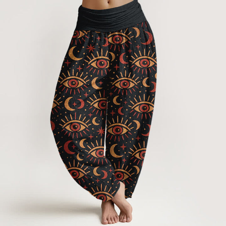 Buddha Stones Pantaloni harem da donna in cotone con motivo occhio mistico e luna, con elastico in vita. - Nero - US16, UK/AU20, EU48 (3XL) - image 8