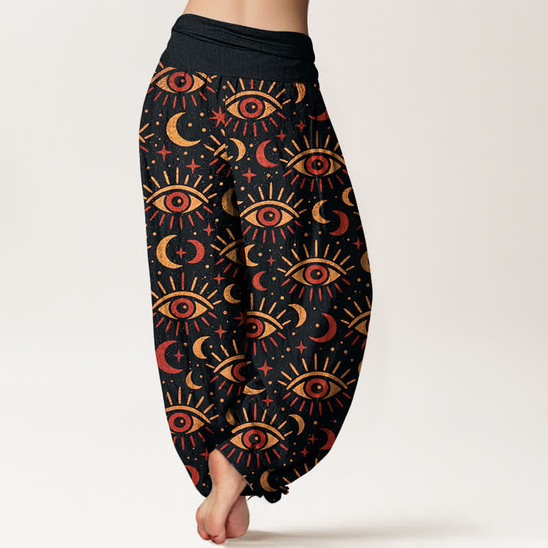 Buddha Stones Pantaloni harem da donna in cotone con motivo occhio mistico e luna, con elastico in vita. - image 10