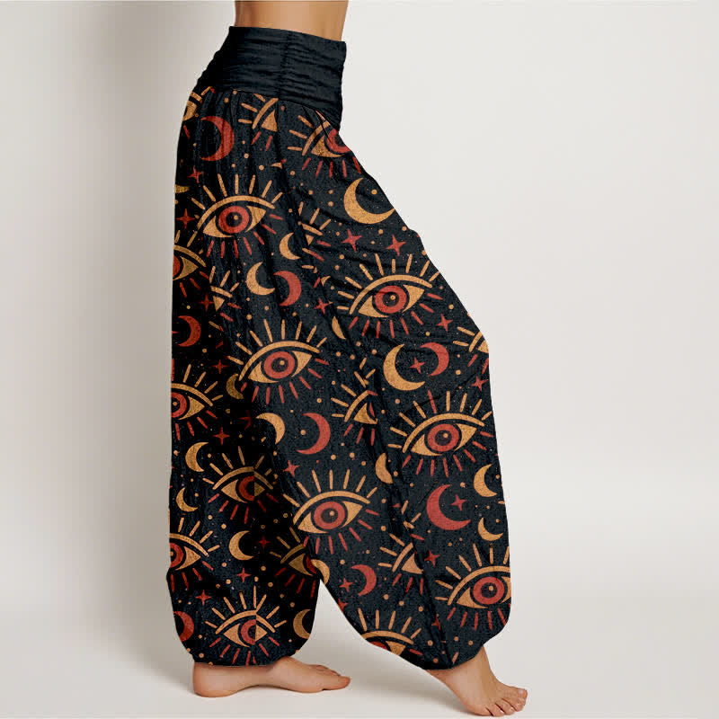 Buddha Stones Pantaloni harem da donna in cotone con motivo occhio mistico e luna, con elastico in vita. - image 9