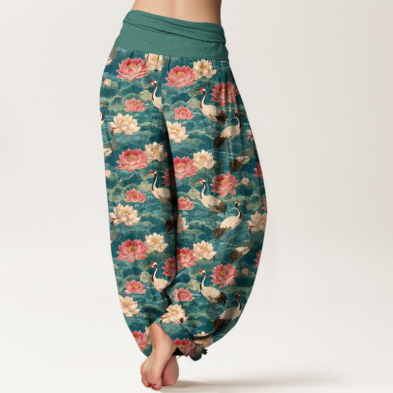 Buddha Stones Pantaloni harem da donna in cotone con motivo a gru di loto e elastico in vita. - image 2