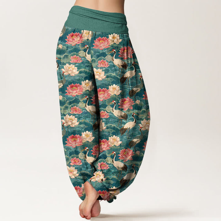 Buddha Stones Pantaloni harem da donna in cotone con motivo a gru di loto e elastico in vita. - image 2