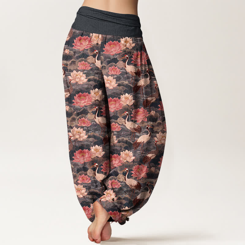 Buddha Stones Pantaloni harem da donna in cotone con motivo a gru di loto e elastico in vita. - image 7