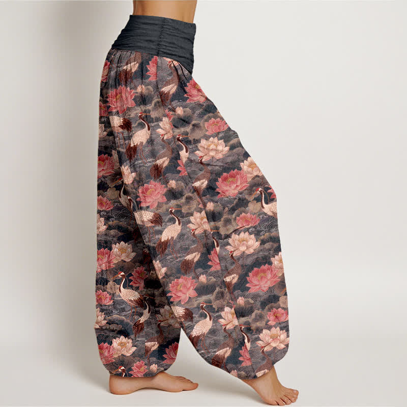 Buddha Stones Pantaloni harem da donna in cotone con motivo a gru di loto e elastico in vita. - image 6