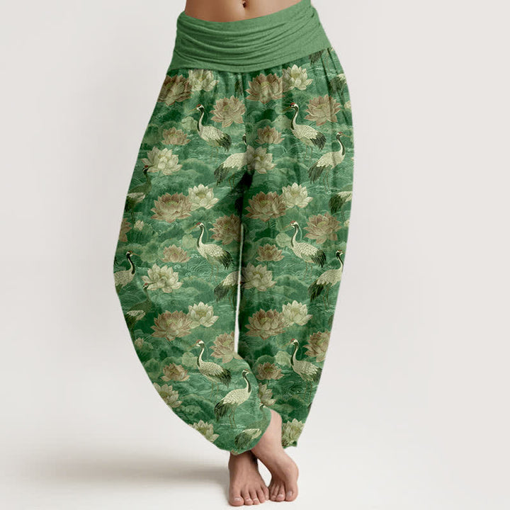 Buddha Stones Pantaloni harem da donna in cotone con motivo a gru di loto e elastico in vita. - Verde medio del mare - US16, UK/AU20, EU48 (3XL) - image 8