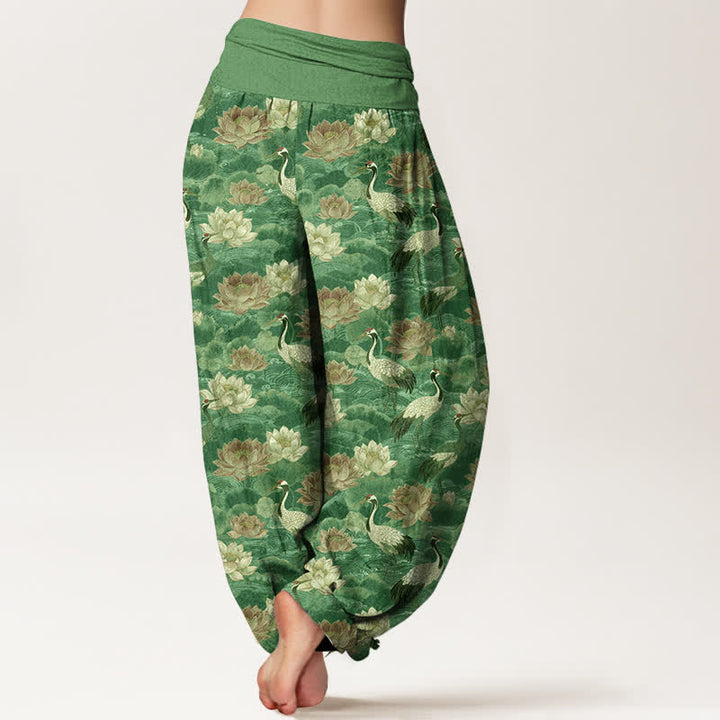 Buddha Stones Pantaloni harem da donna in cotone con motivo a gru di loto e elastico in vita. - image 10