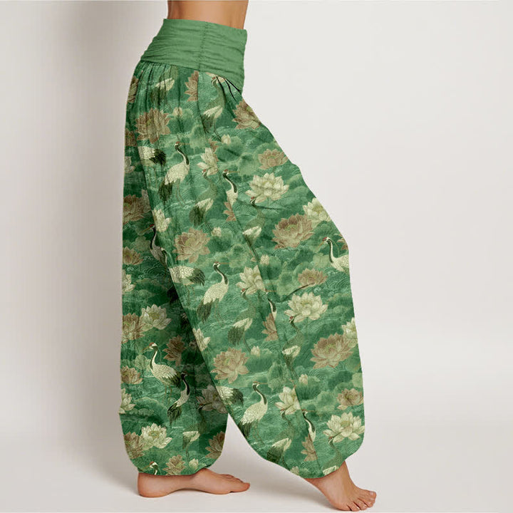 Buddha Stones Pantaloni harem da donna in cotone con motivo a gru di loto e elastico in vita. - image 9