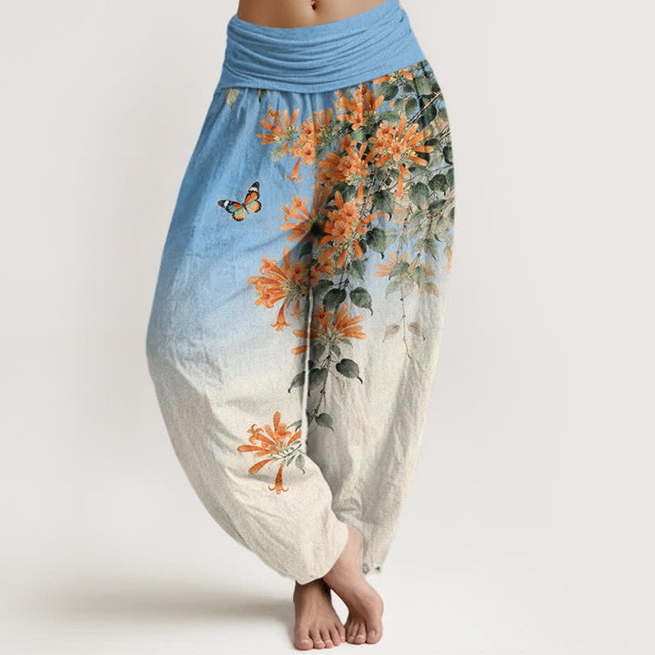 Buddha Stones Pantaloni harem da donna in cotone arancione con fantasia floreale e farfalle, vita elasticizzata. - Blu cielo profondo - US16, UK/AU20, EU48 (3XL) - image 0