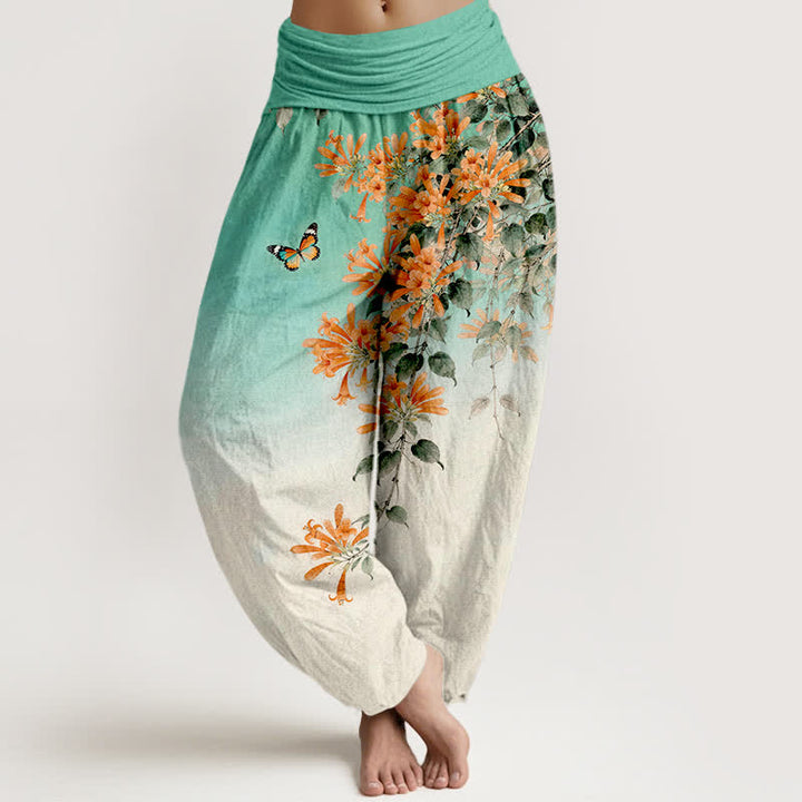 Buddha Stones Pantaloni harem da donna in cotone arancione con fantasia floreale e farfalle, vita elasticizzata. - Turchese - US16, UK/AU20, EU48 (3XL) - image 5