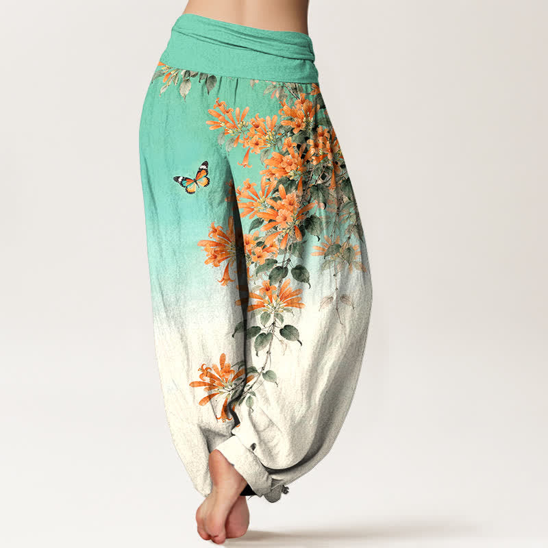 Buddha Stones Pantaloni harem da donna in cotone arancione con fantasia floreale e farfalle, vita elasticizzata. - image 7