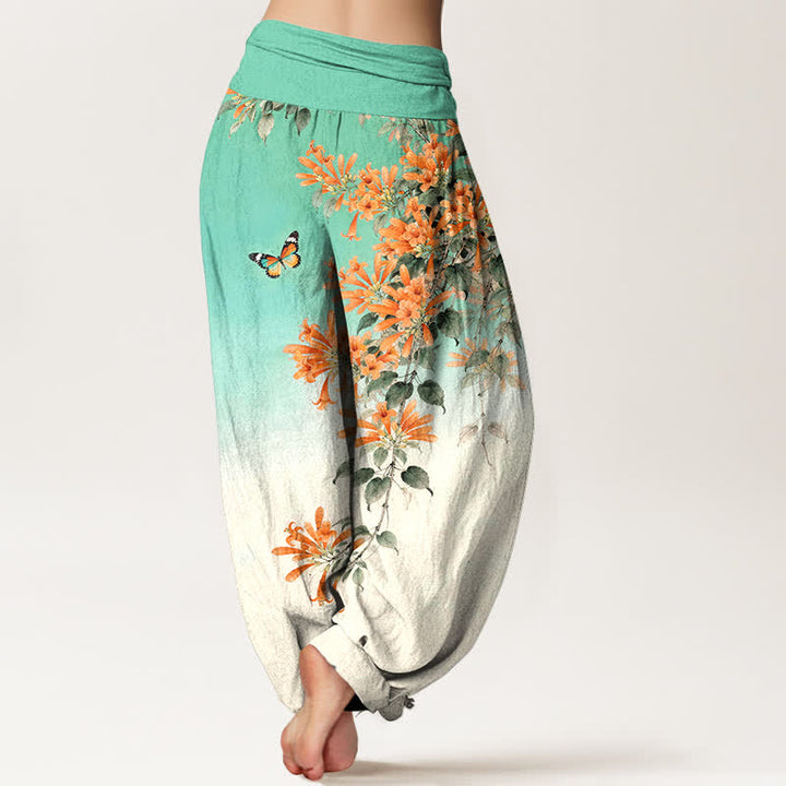 Buddha Stones Pantaloni harem da donna in cotone arancione con fantasia floreale e farfalle, vita elasticizzata. - image 7