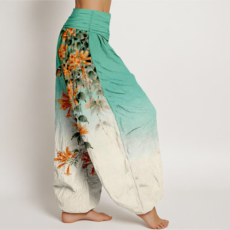 Buddha Stones Pantaloni harem da donna in cotone arancione con fantasia floreale e farfalle, vita elasticizzata. - image 6