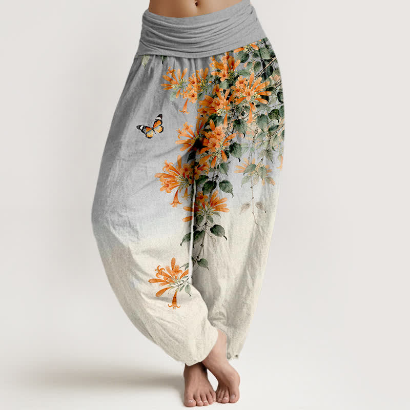 Buddha Stones Pantaloni harem da donna in cotone arancione con fantasia floreale e farfalle, vita elasticizzata. - Grigio chiaro - US16, UK/AU20, EU48 (3XL) - image 8