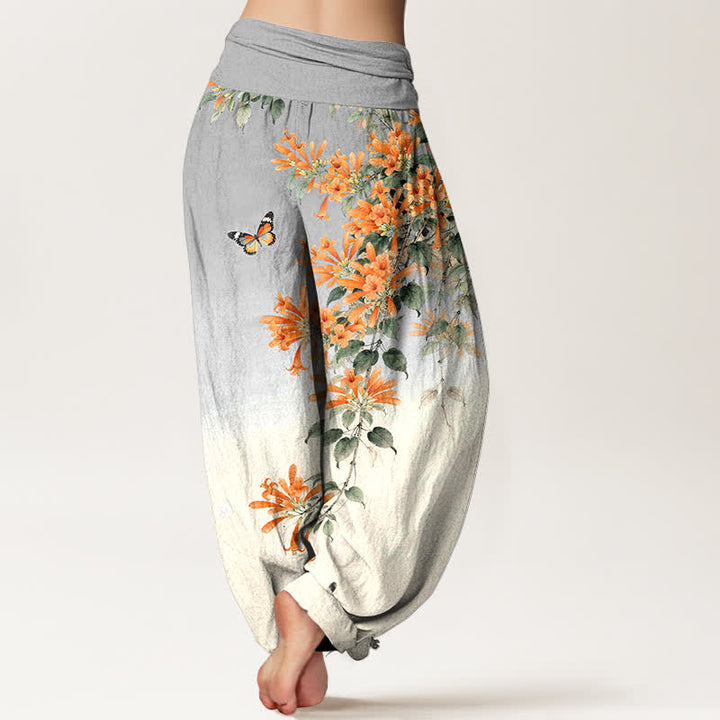 Buddha Stones Pantaloni harem da donna in cotone arancione con fantasia floreale e farfalle, vita elasticizzata. - image 10