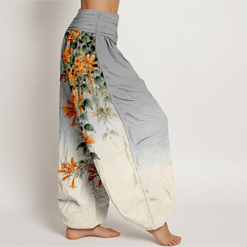 Buddha Stones Pantaloni harem da donna in cotone arancione con fantasia floreale e farfalle, vita elasticizzata. - image 9