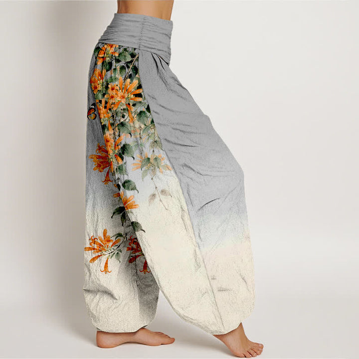 Buddha Stones Pantaloni harem da donna in cotone arancione con fantasia floreale e farfalle, vita elasticizzata. - image 9