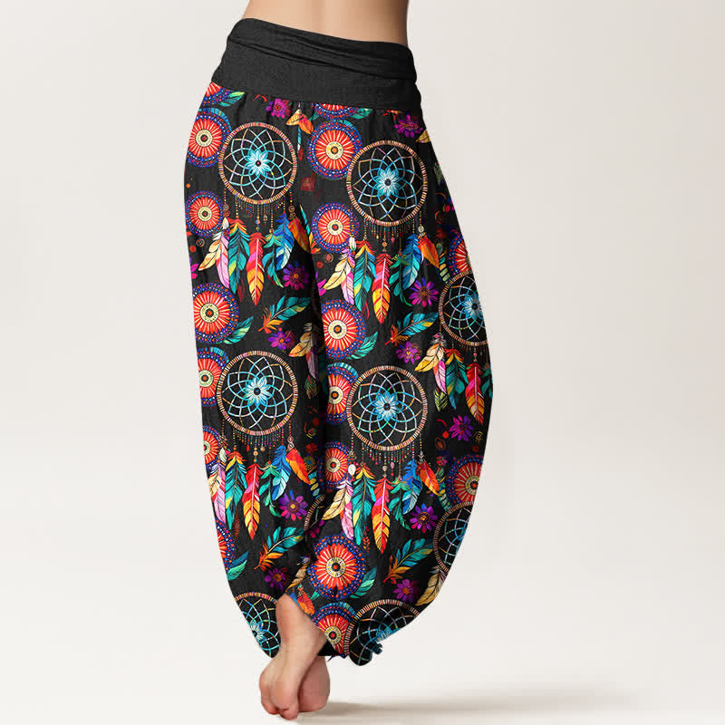 Buddha Stones Pantaloni harem da donna in cotone con motivo a acchiappasogni e piume, con elastico in vita. - image 2