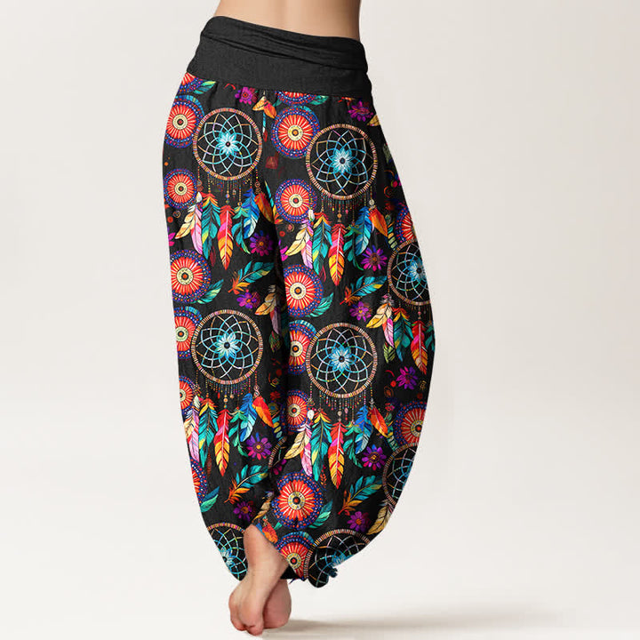 Buddha Stones Pantaloni harem da donna in cotone con motivo a acchiappasogni e piume, con elastico in vita. - image 2