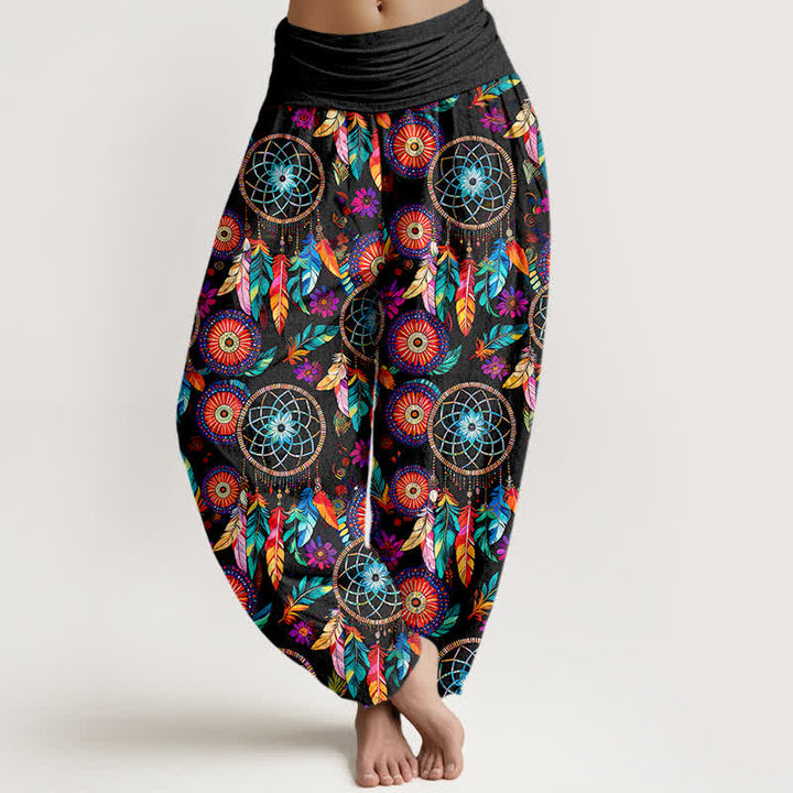 Buddha Stones Pantaloni harem da donna in cotone con motivo a acchiappasogni e piume, con elastico in vita. - Nero - US16, UK/AU20, EU48 (3XL) - image 0