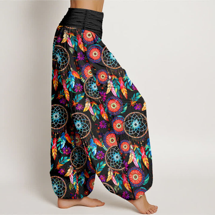 Buddha Stones Pantaloni harem da donna in cotone con motivo a acchiappasogni e piume, con elastico in vita. - image 1