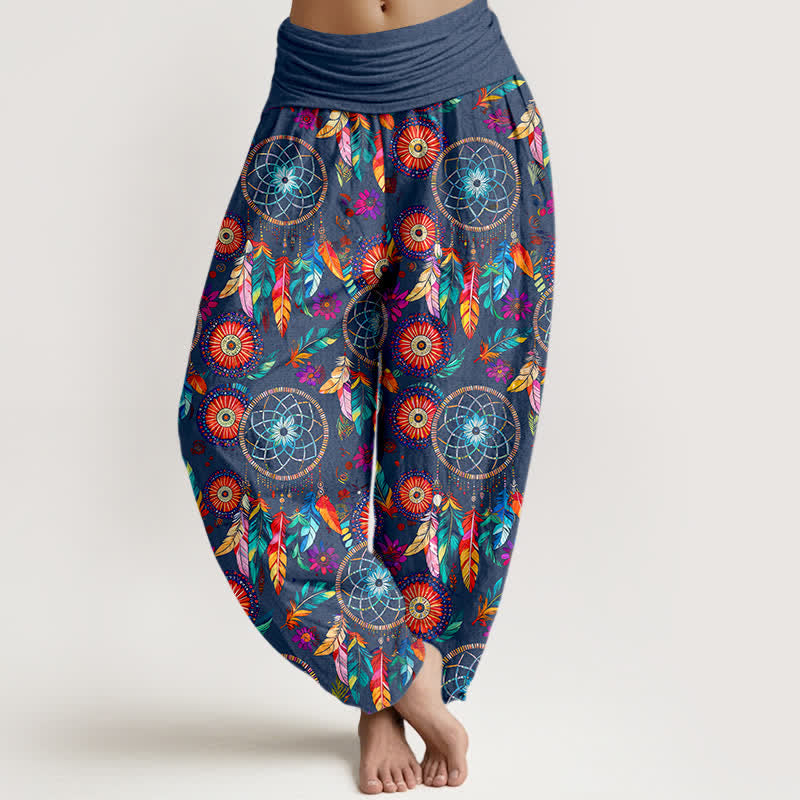 Buddha Stones Pantaloni harem da donna in cotone con motivo a acchiappasogni e piume, con elastico in vita. - SteelBlue - US16, UK/AU20, EU48 (3XL) - image 5