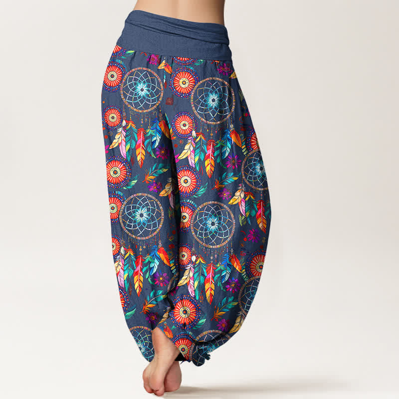 Buddha Stones Pantaloni harem da donna in cotone con motivo a acchiappasogni e piume, con elastico in vita. - image 7
