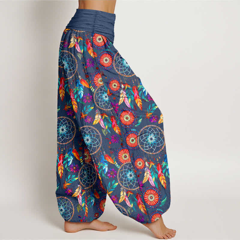 Buddha Stones Pantaloni harem da donna in cotone con motivo a acchiappasogni e piume, con elastico in vita. - image 6
