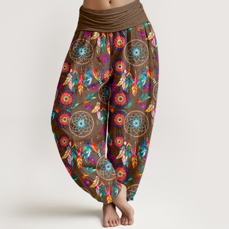 Buddha Stones Pantaloni harem da donna in cotone con motivo a acchiappasogni e piume, con elastico in vita. - Siena - US16, UK/AU20, EU48 (3XL) - image 8