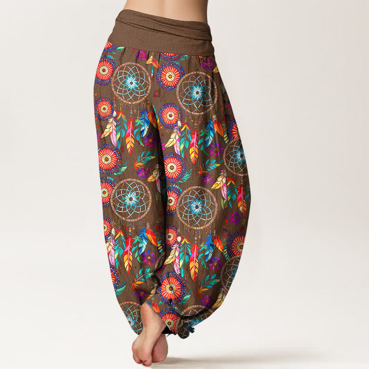Buddha Stones Pantaloni harem da donna in cotone con motivo a acchiappasogni e piume, con elastico in vita. - image 10