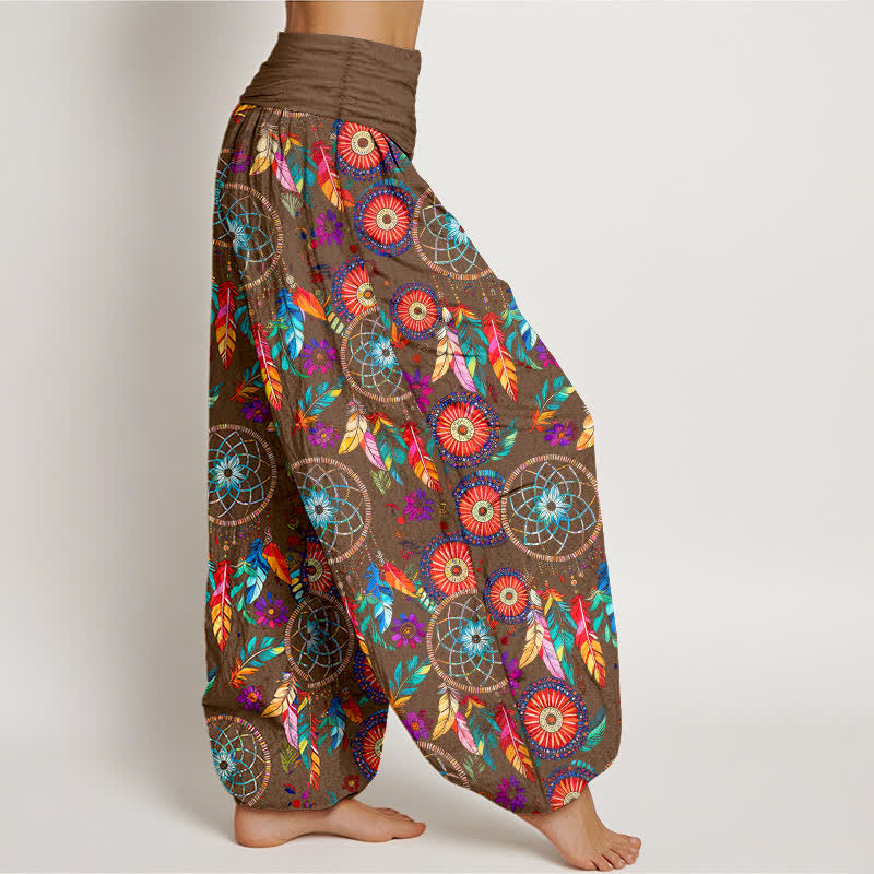 Buddha Stones Pantaloni harem da donna in cotone con motivo a acchiappasogni e piume, con elastico in vita. - image 9