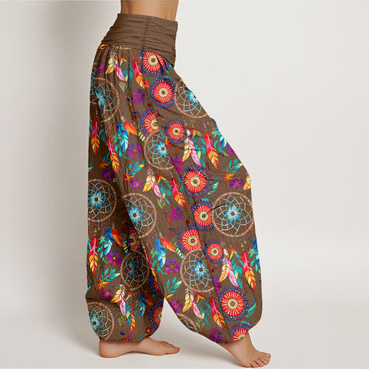 Buddha Stones Pantaloni harem da donna in cotone con motivo a acchiappasogni e piume, con elastico in vita. - image 9
