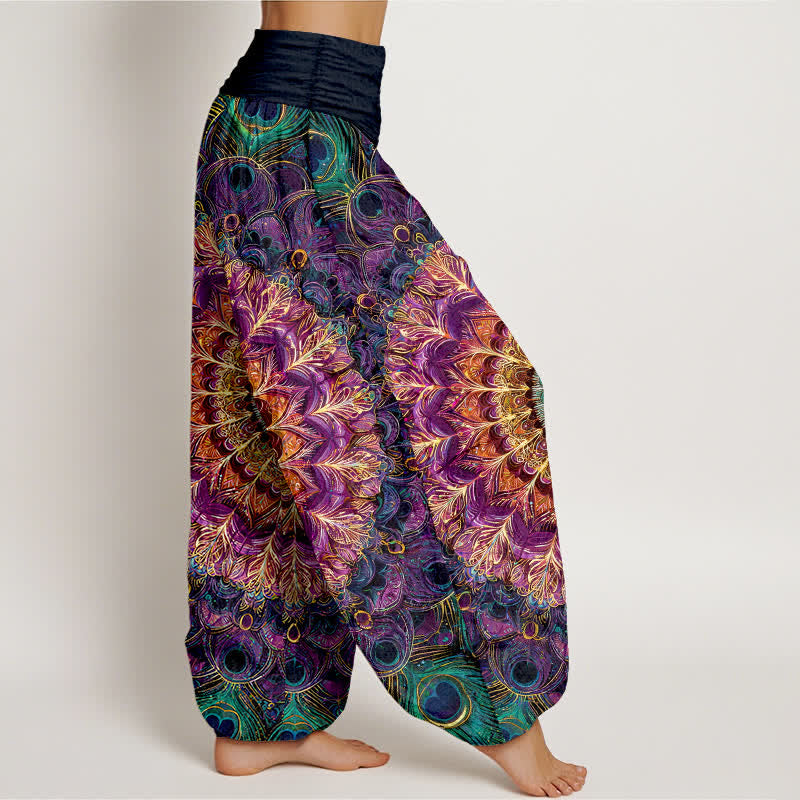 Buddha Stones Pantaloni harem da donna in puro cotone con motivo mandala e piume, vita elasticizzata. - image 1