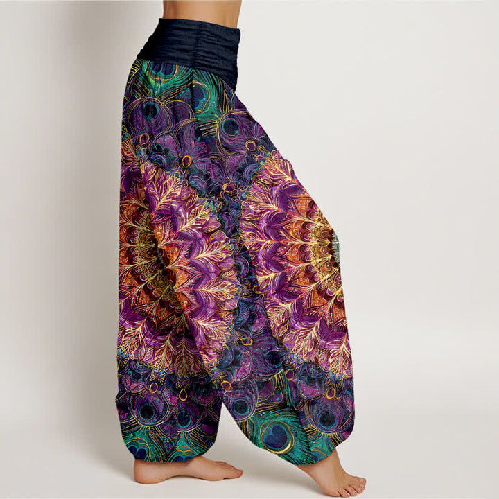 Buddha Stones Pantaloni harem da donna in puro cotone con motivo mandala e piume, vita elasticizzata. - image 1