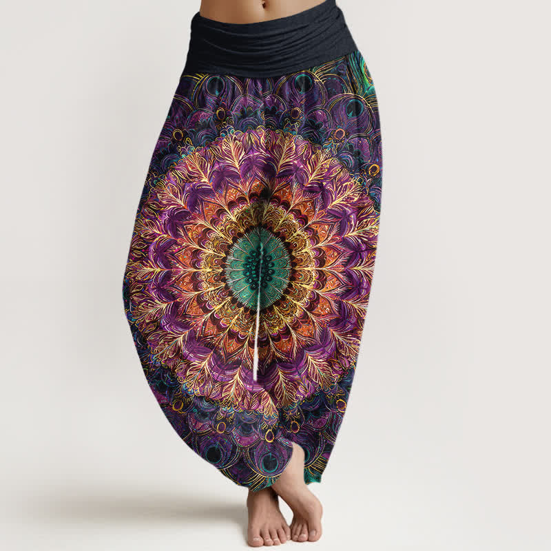 Buddha Stones Pantaloni harem da donna in puro cotone con motivo mandala e piume, vita elasticizzata. - Viola - US16, UK/AU20, EU48 (3XL) - image 0