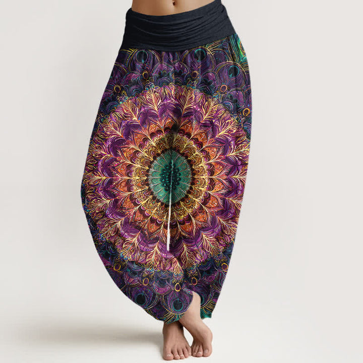 Buddha Stones Pantaloni harem da donna in puro cotone con motivo mandala e piume, vita elasticizzata. - Viola - US16, UK/AU20, EU48 (3XL) - image 0