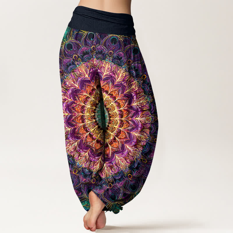 Buddha Stones Pantaloni harem da donna in puro cotone con motivo mandala e piume, vita elasticizzata. - image 2