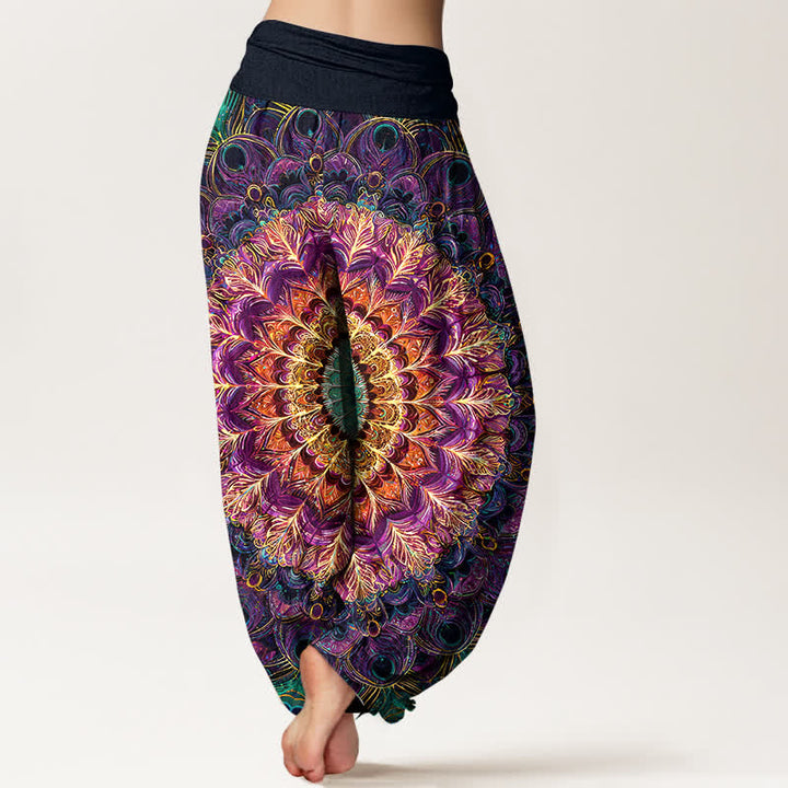 Buddha Stones Pantaloni harem da donna in puro cotone con motivo mandala e piume, vita elasticizzata. - image 2