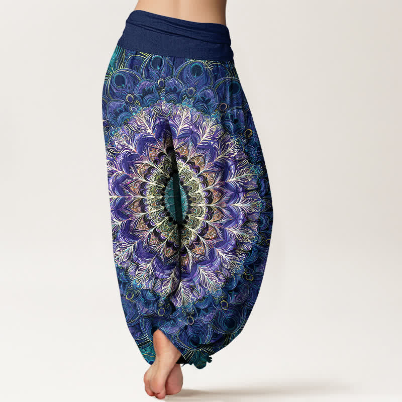 Buddha Stones Pantaloni harem da donna in puro cotone con motivo mandala e piume, vita elasticizzata. - image 7