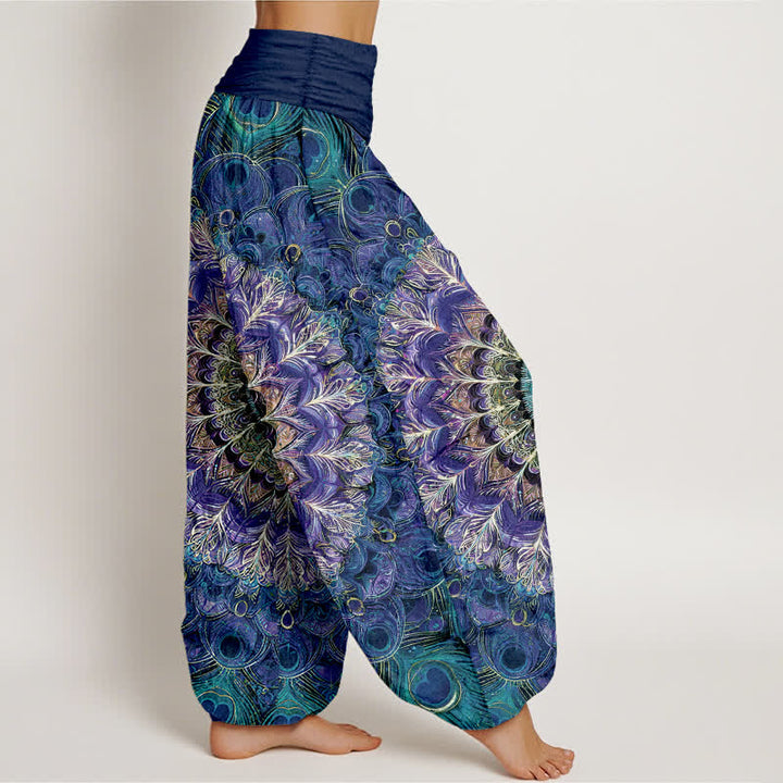 Buddha Stones Pantaloni harem da donna in puro cotone con motivo mandala e piume, vita elasticizzata. - image 6