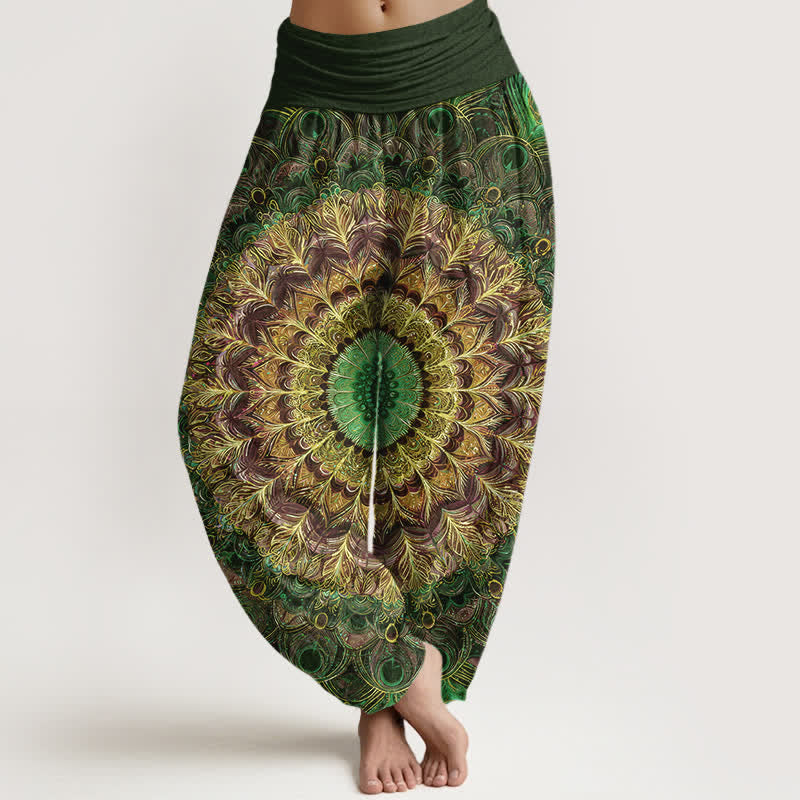 Buddha Stones Pantaloni harem da donna in puro cotone con motivo mandala e piume, vita elasticizzata. - Verde oliva scuro - US16, UK/AU20, EU48 (3XL) - image 8