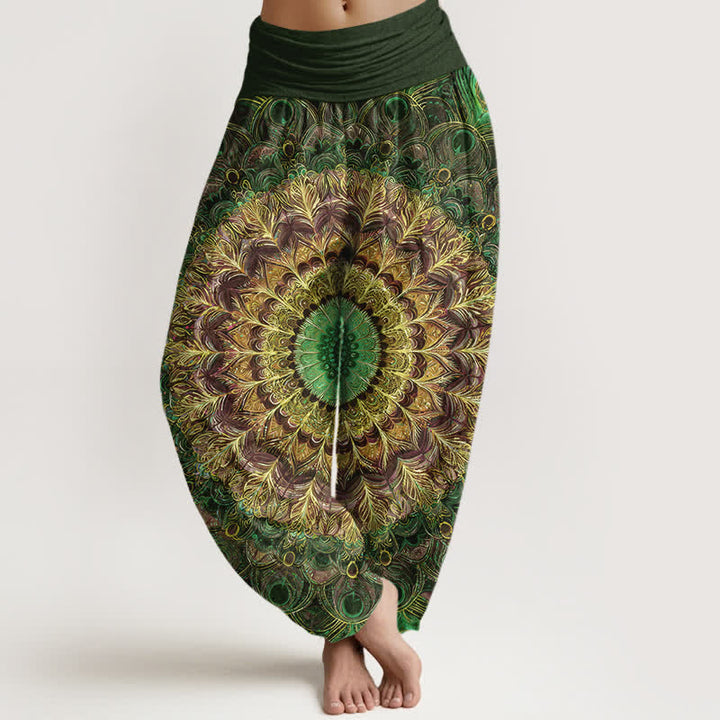 Buddha Stones Pantaloni harem da donna in puro cotone con motivo mandala e piume, vita elasticizzata. - Verde oliva scuro - US16, UK/AU20, EU48 (3XL) - image 8