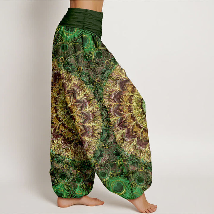 Buddha Stones Pantaloni harem da donna in puro cotone con motivo mandala e piume, vita elasticizzata. - image 9