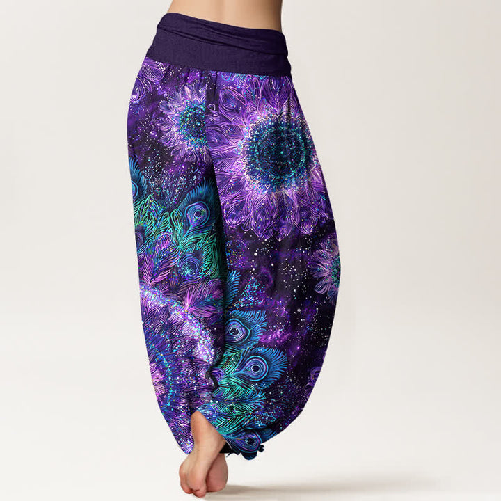 Buddha Stones Pantaloni harem da donna in cotone con motivo a piume di pavone e elastico in vita. - image 2