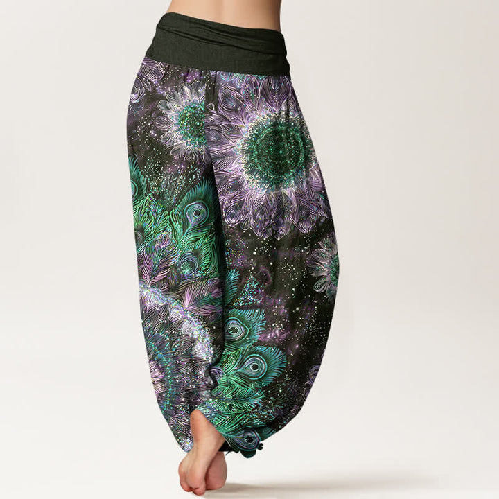 Buddha Stones Pantaloni harem da donna in cotone con motivo a piume di pavone e elastico in vita. - image 7