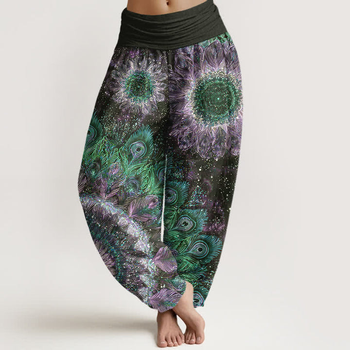 Buddha Stones Pantaloni harem da donna in cotone con motivo a piume di pavone e elastico in vita. - Nero - US16, UK/AU20, EU48 (3XL) - image 5