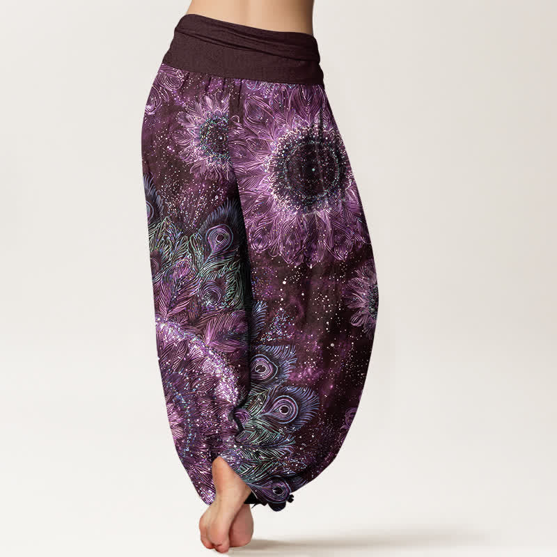 Buddha Stones Pantaloni harem da donna in cotone con motivo a piume di pavone e elastico in vita. - image 10