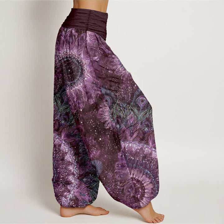 Buddha Stones Pantaloni harem da donna in cotone con motivo a piume di pavone e elastico in vita. - image 9