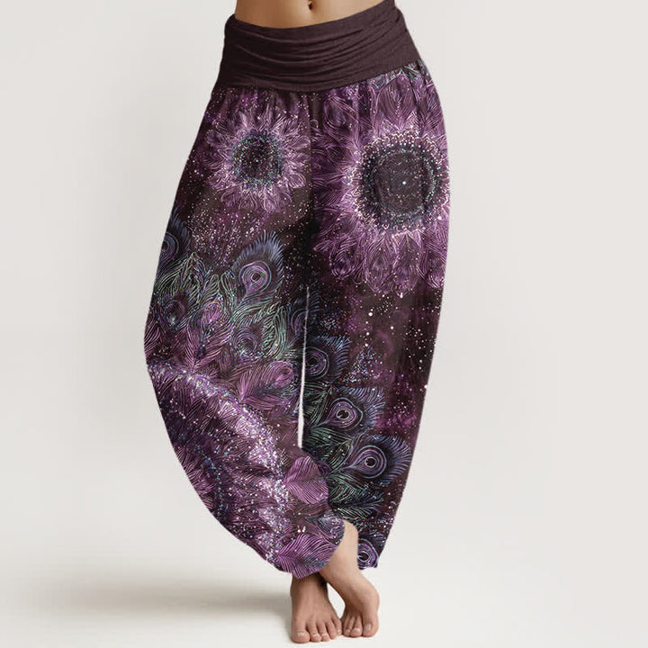 Buddha Stones Pantaloni harem da donna in cotone con motivo a piume di pavone e elastico in vita. - Viola - US16, UK/AU20, EU48 (3XL) - image 8
