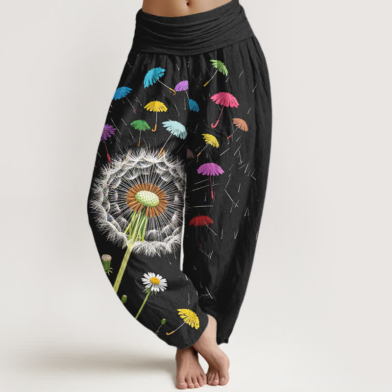Buddha Stones Pantaloni harem da donna in puro cotone con motivo a fiore di dente di leone e vita elasticizzata. - Nero - US16, UK/AU20, EU48 (3XL) - image 0