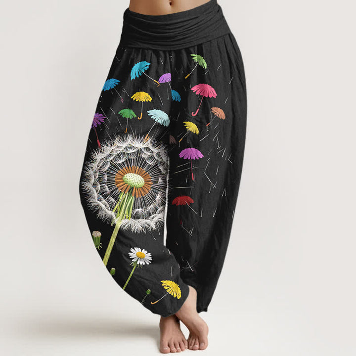 Buddha Stones Pantaloni harem da donna in puro cotone con motivo a fiore di dente di leone e vita elasticizzata. - Nero - US16, UK/AU20, EU48 (3XL) - image 0
